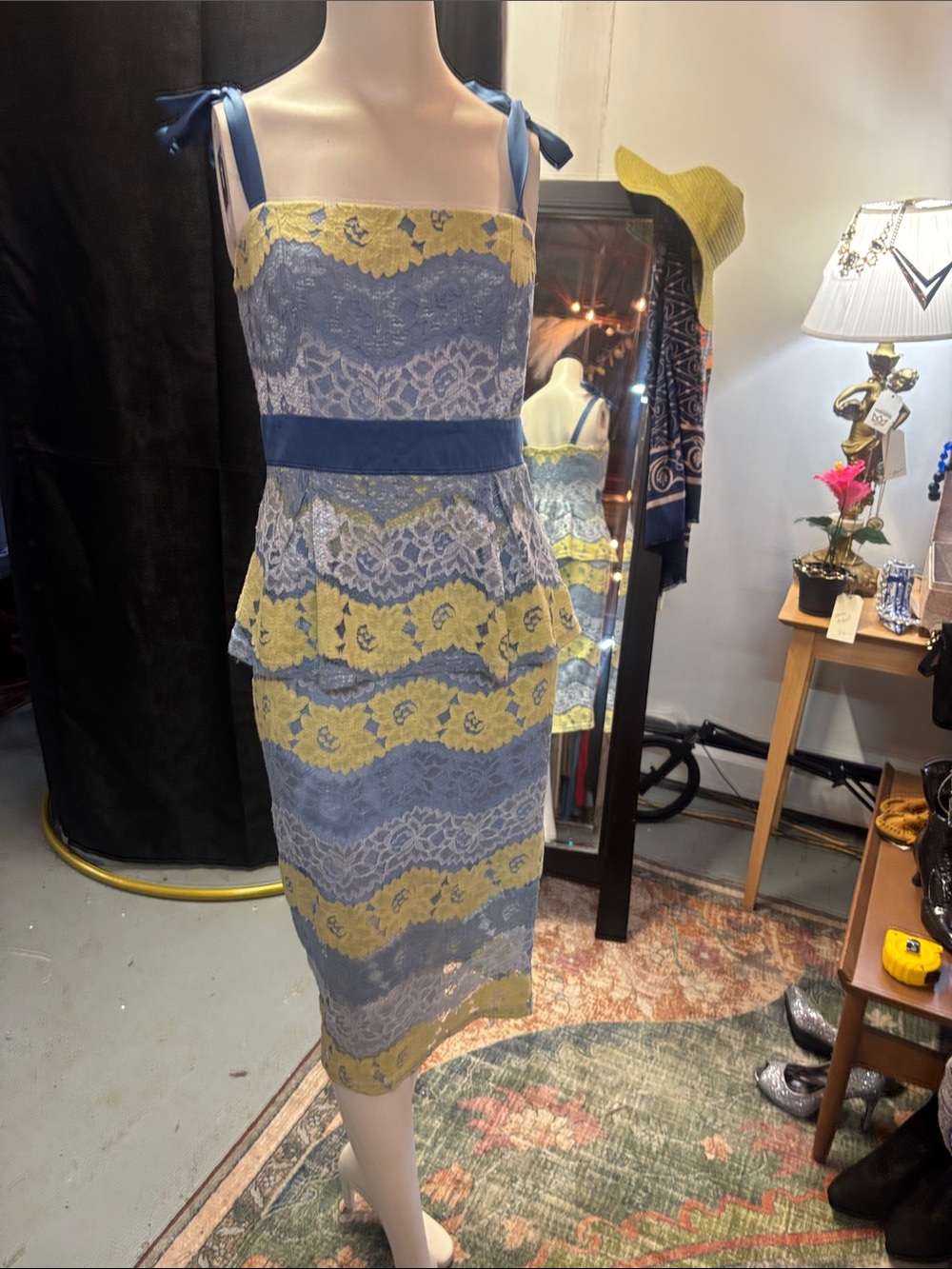 Traffic People Blue and Yellow Lace Tie-Shoulder Midi Dress